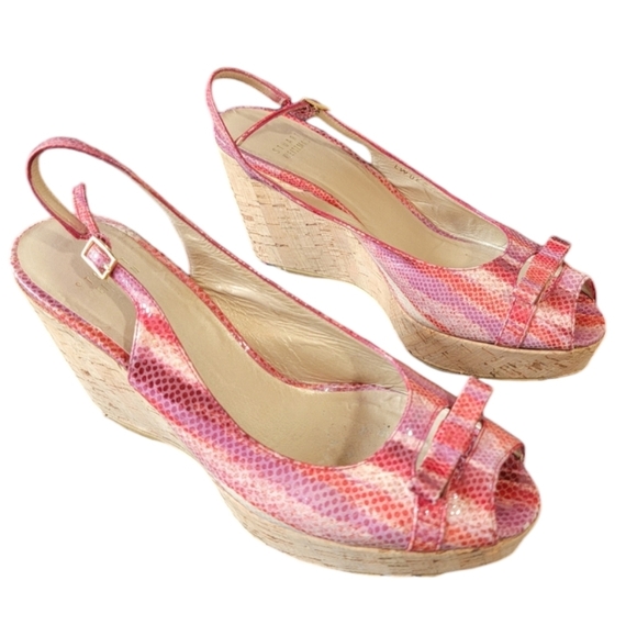 STUART WEITZMAN Snakeskin Pink Leather Slingback Platform Wedges Sz 7.5 Casual - Picture 1 of 13
